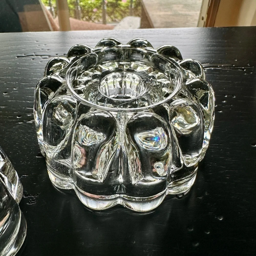 SET/2, CLEAR, LEAD CRYSTAL CANDLE HOLDERS. HEAVY, ROUND, SCALLOPED HOLDERS